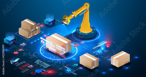 Smart logistics industry 4.0. Asset warehouse and inventory management supply chain technology concept. 3D Robot Palletizing Systems, Robotic arm loading and scan cartons on pallet. Auditing of data