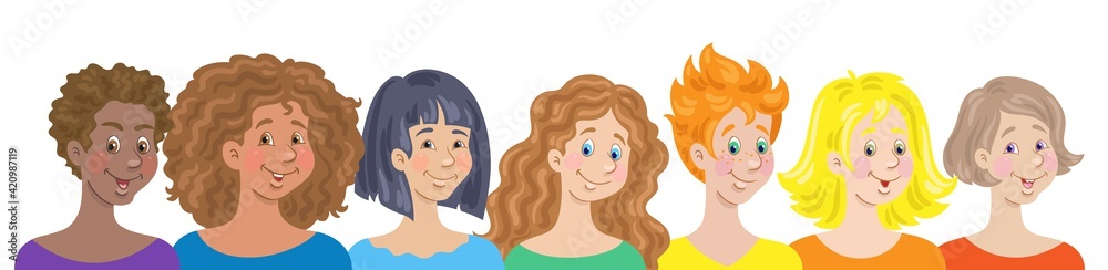 Seven happy young women with different skin and hair colors in rainbow clothes. Banner in cartoon style. Isolated on white background. Vector flat illustration.