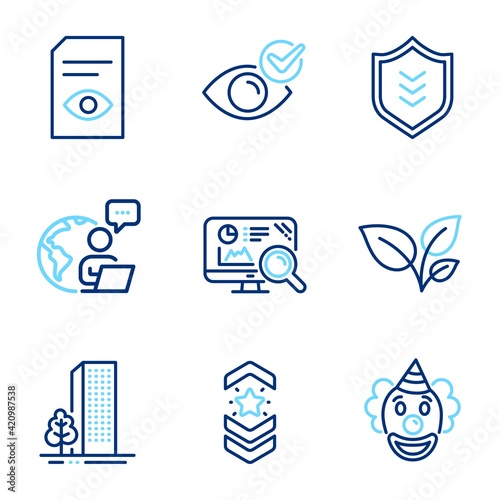 Business icons set. Included icon as Check eye, Leaves, Seo analytics signs. Vector