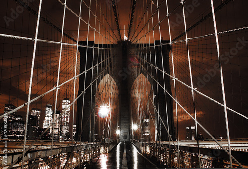 The Brooklyn bridge from a nice perspective by night, New Yok, United States of America