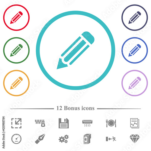 Single pencil flat color icons in circle shape outlines