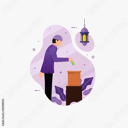 Muslim people giving donation in ramadan hoy month flat vector cartoon illustration