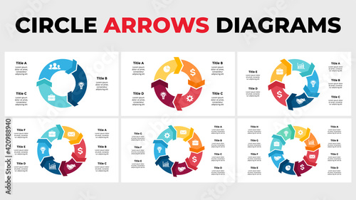 Arrows Vector Infographic. Circle chart diagrams. Presentation slide template. 3, 4, 5, 6, 7, 8 steps, options.