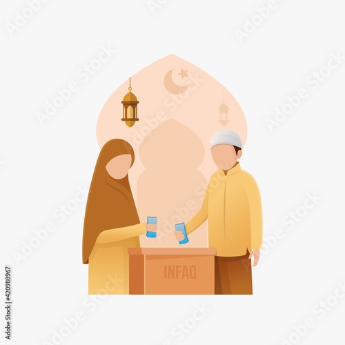 Muslim people giving donation in ramadan hoy month flat vector cartoon illustration