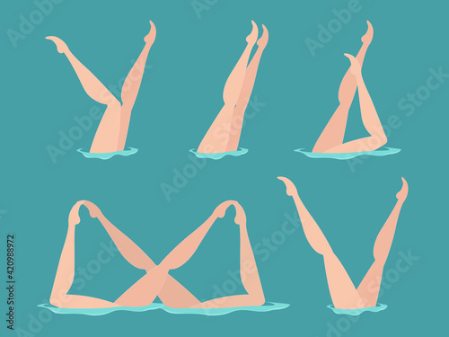 Set of vector elements in the womens synchronised swimming. Woman athlete on the performance of synchronized swimming performing art elements