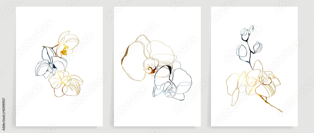 orchid Line art background vector set. Floral Wall art design with golden texture.