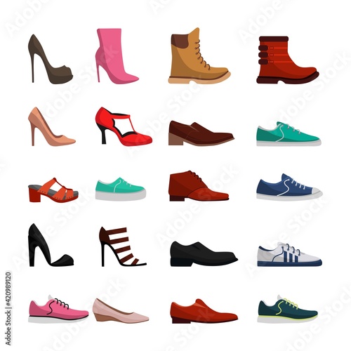 Set with different types of female and male shoes isolated on white background vector illustration