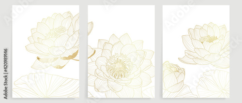 Luxury gold lotus line art background vector. Lotus flower cover,wall art and wallpaper.