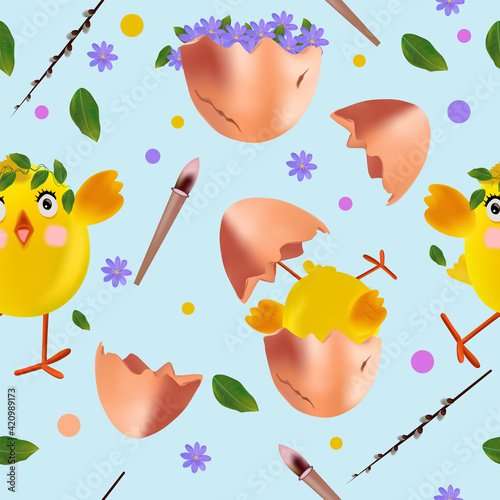 Seamless pattern with Easter chicken, flowers, eggs, pussy willow. Funny cartoon chickens for your design. Vector illustration.