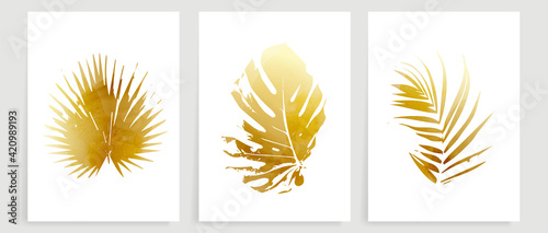 Botanical wall art vector set. Golden foliage line art drawing with watercolor.  Abstract Plant Art design for wall framed prints, canvas prints, poster, home decor, cover, wallpaper.