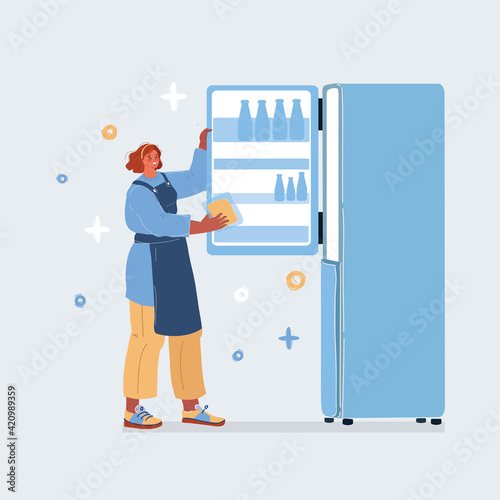Vector illustration of woman stand near by open fridge