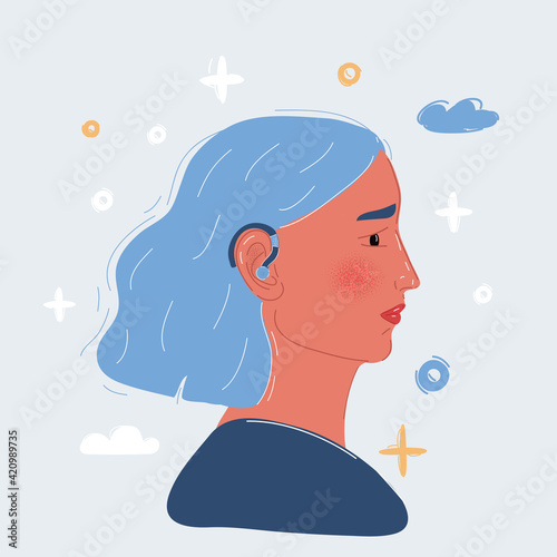 Vector illustration of woman wearing a hearing aid