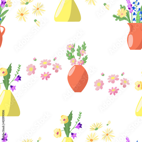 Seamless pattern with vases yellow and red with flowers