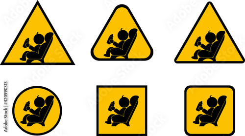 6 different types of signs of a dangerous child in a car on a black and yellow background, easy editable EPS
