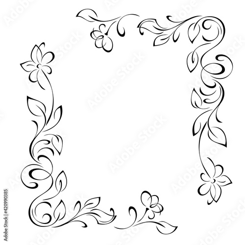 frame 90. unique decorative frame with stylized flowers on stems with leaflets and curls in black lines on a white background