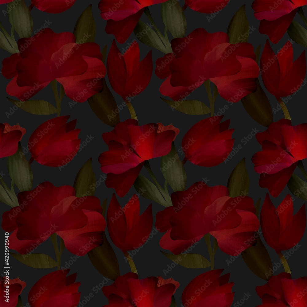 Pattern with tulips. Designed for textile fabrics, wrapping paper, wallpaper, prints and backgroungs.