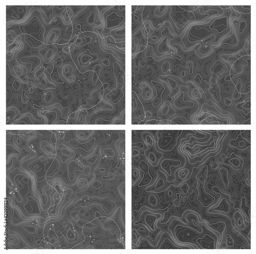 Abstract paper cut shapes. Topographic pattern texture. Map on land vector terrain. Elevation graphic contour height lines. Vector Set.