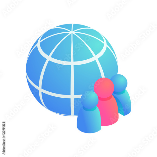 Globe people, global teamwork isometric vector icon. 3d global business, social media network users, Internet communication sign, outsource and collaboration symbol.