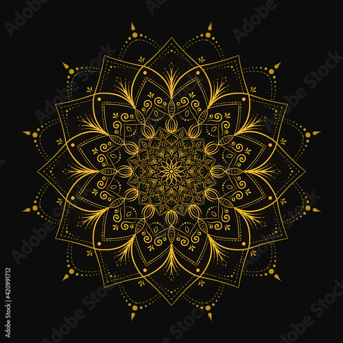 bohemian mandala print, antistress coloring book, tattoo design oriental or indian, islamic mysterious hand drawn ornament for meditation or yoga vector illustration. Black and gold color