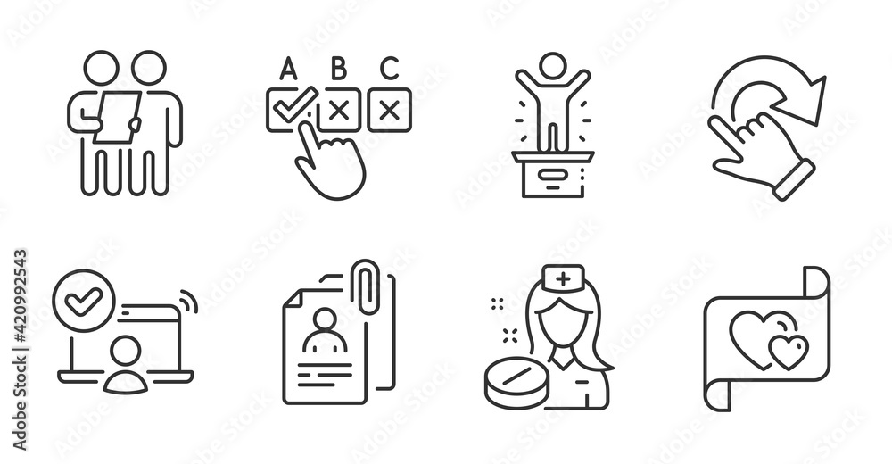 Survey, Interview documents and Correct checkbox icons set. Nurse, Rotation gesture and Online access signs. Vector