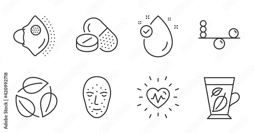Fototapeta premium Medical mask, Leaves and Face biometrics icons set. Mint leaves, Medical drugs and Heartbeat signs. Vector