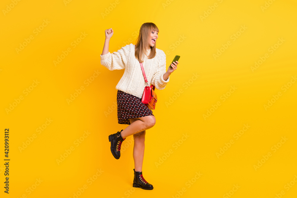 Fototapeta premium Full length profile portrait of astonished lady fist up open mouth celebrate isolated on yellow color background