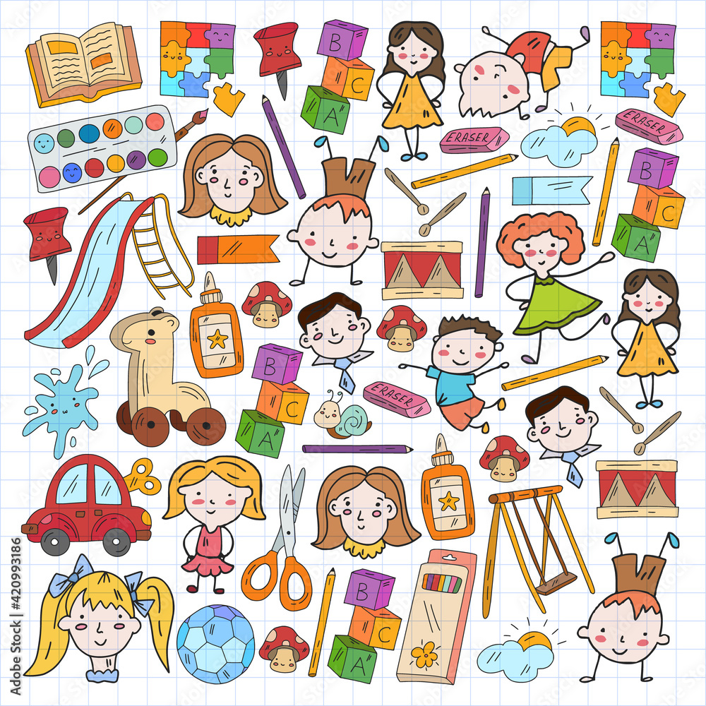 Kindergarten. Vector pattern with toys and small children. Preschool education. Kindergarten. Vector pattern with toys and small children. Preschool education.