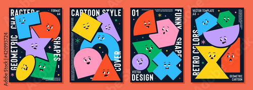 Poster set with cute cartoon geometric figures with different face emotions, funny print idea for kids. Colorful characters, trendy vector illustrations, basic various figures for children education.