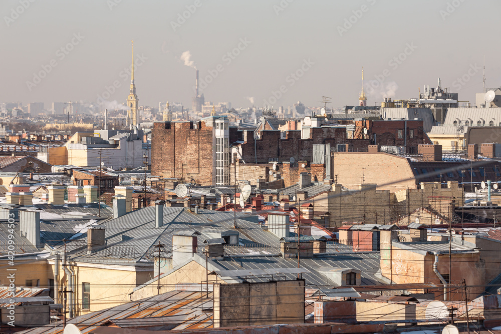 Tops of the old roofs in the city center of Saint Petersburg, Russia.