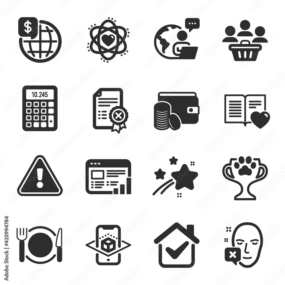 Set of flat icons, such as Reject certificate, Love book, Restaurant food symbols. Vector Set of flat icons, such as Reject certificate, Love book, Restaurant food symbols. Vector