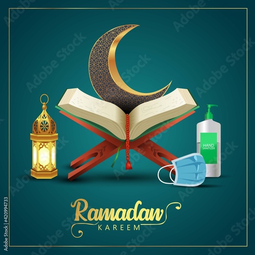 ramadan kareem greetings with Quran and wooden stand, patterned half moon. vector illustration design . covid 19, corona virus concept