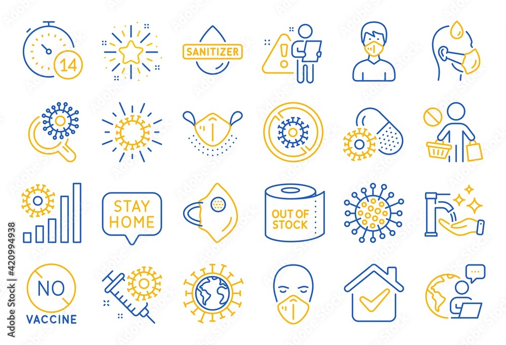 Fototapeta premium Coronavirus line icons. Medical protective mask, hands sanitizer, no vaccine. Covid-19 pandemic. Vector