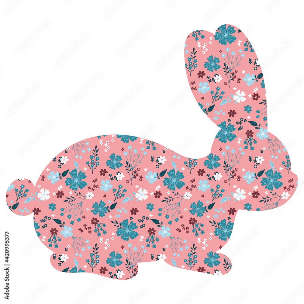 Easter bunny vector illustration. Pink rabbit with floral, flowers decoration inside hare shape isolated on white background Easter bunny vector illustration. Pink rabbit with floral, flowers decoration inside hare shape isolated on white background