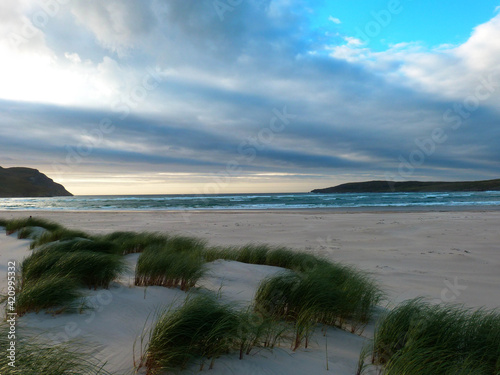 amazing sunset above the ocean at a beach in ireland with dunes anf grass