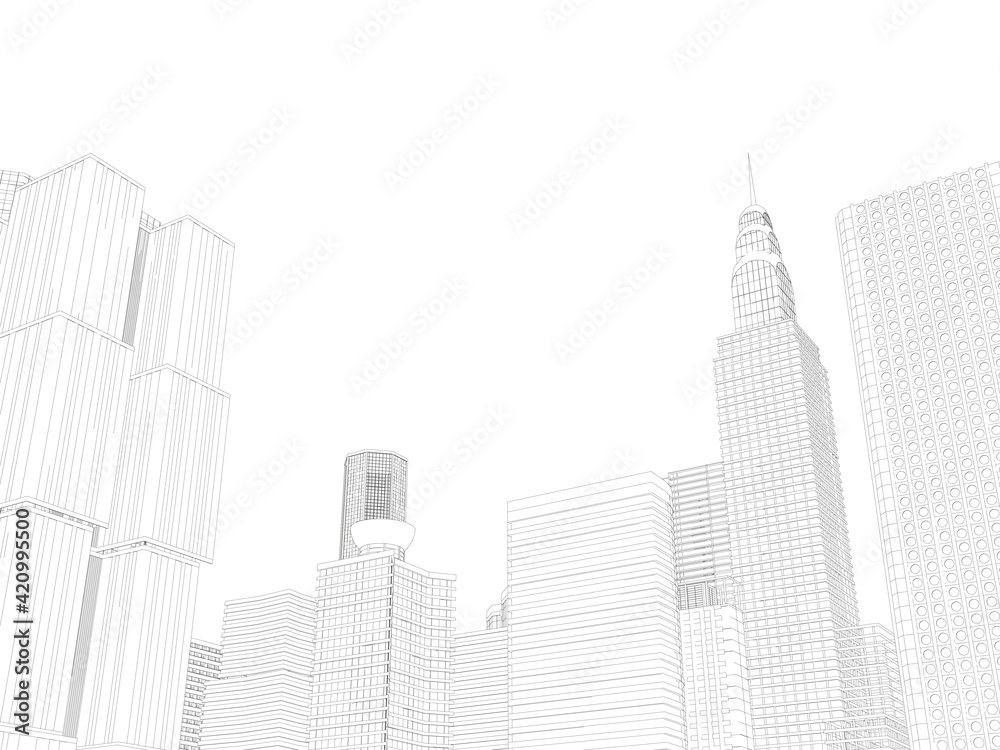 Contour of skyscrapers from black lines isolated on white background. 3D. Vector illustration