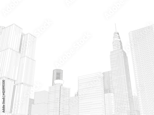 Contour of skyscrapers from black lines isolated on white background. 3D. Vector illustration