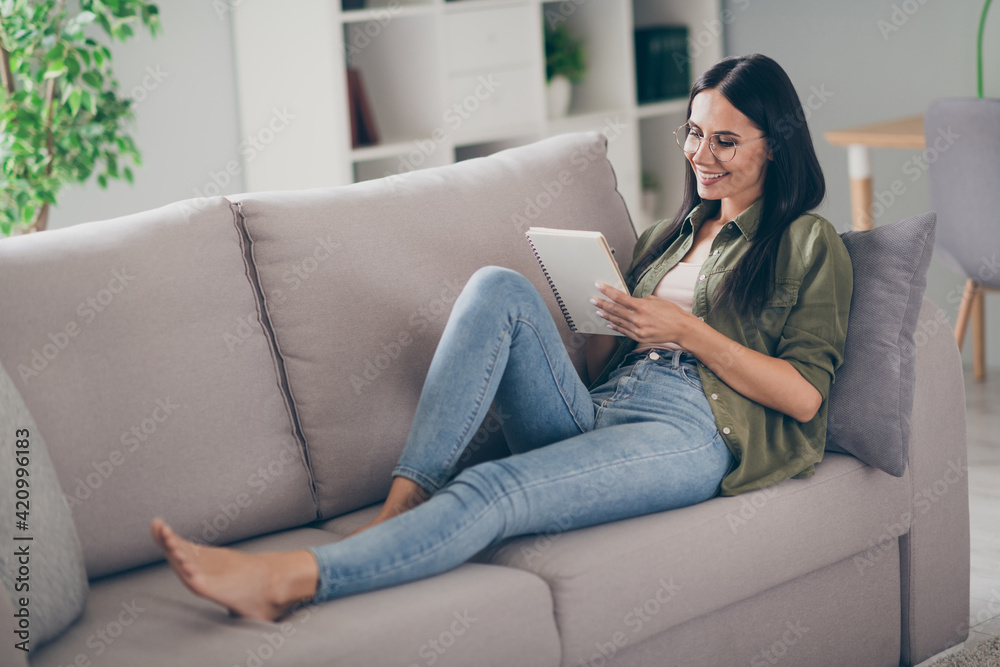 Full length profile side photo of young attractive woman happy positive smile write notebook plan to-do list couch indoors Full length profile side photo of young attractive woman happy positive smile write notebook plan to-do list couch indoors