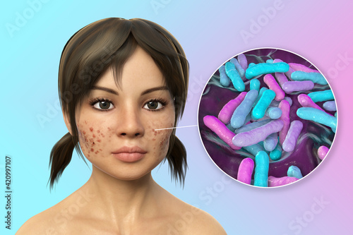 Acne vulgaris on skin and closeup view of bacteria Cutibacterium acnes photo