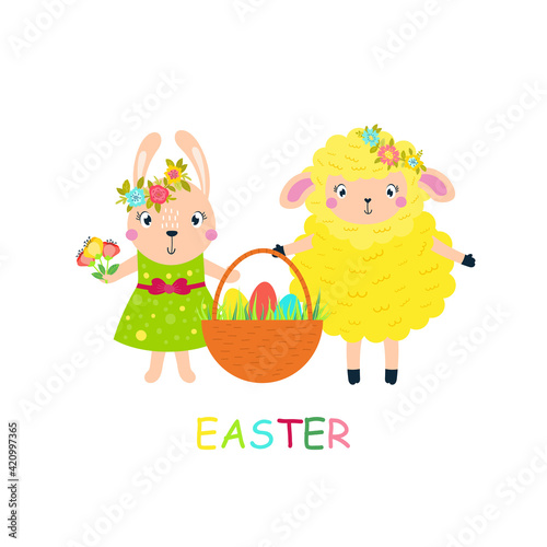 Easter lamb, rabbit carry a basket of eggs.