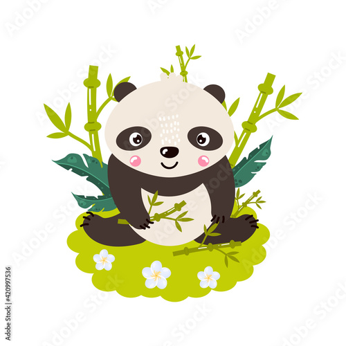 Fototapeta Naklejka Na Ścianę i Meble -  The baby panda sits on the lawn in the middle of bamboo and leaves.