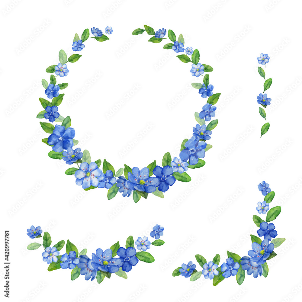 Set of vector frames with spring flowers. Collection of borders with blue flowers of different colors for your design. Isolated on white background