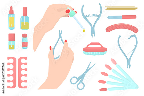 vector illustration on the theme of manicure and pedicure tools, isolated on a white background