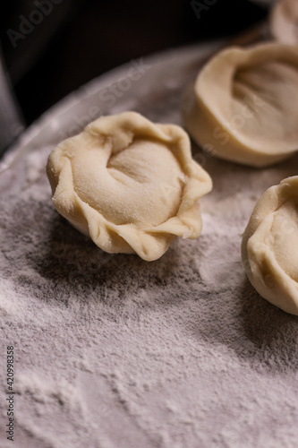 dumplings with handmade meat close-up on a wooden board sprinkled with flour