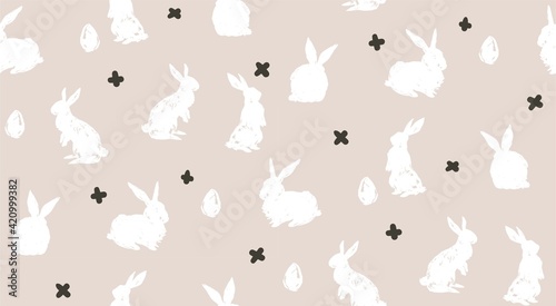 Hand drawn vector abstract sketch graphic scandinavian freehand textured modern collage Happy Easter cute simple bunny illustrations seamless pattern and Easter eggs isolated on white background