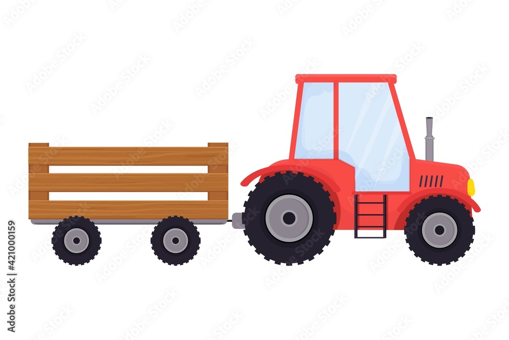 Red tractor with trailer, agriculture equipment in cartoon style isolated on white background. Country vehicle, harvest. 