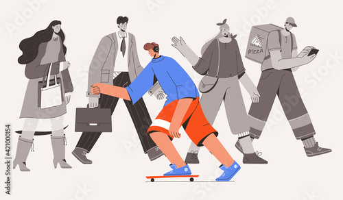 Skateboarder riding against flow of crowd
