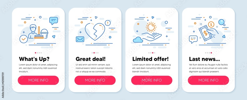 Set of People icons, such as Cleaning service, Broken heart, Sun protection symbols. Payment method line icons. Vector