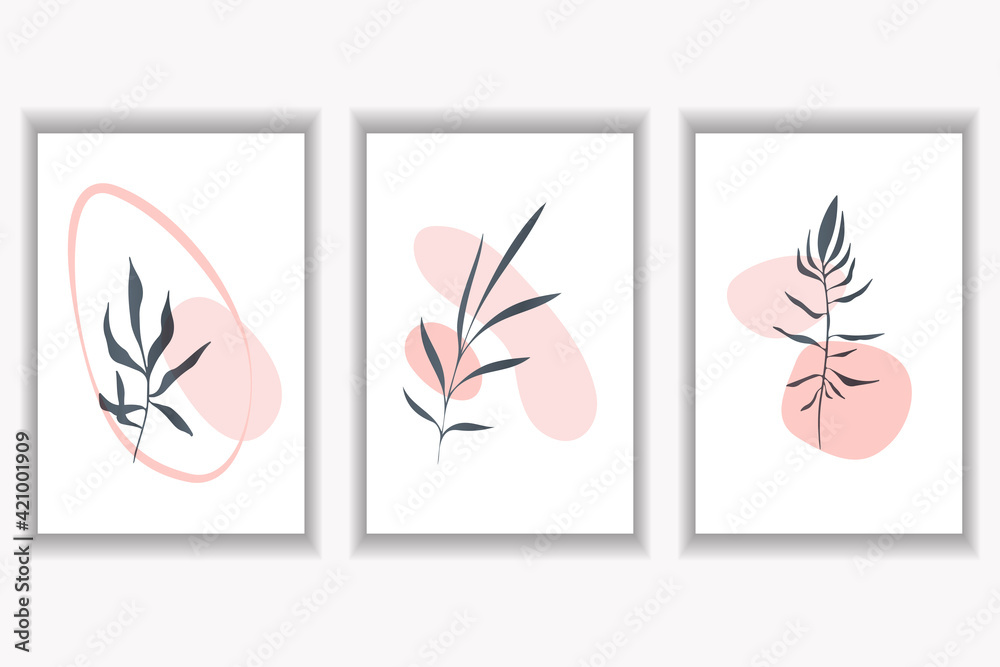 Abstract illustration in trendy minimal style. Spots with floral elements. Vector illustrations for wall decoration, postcard design, print on clothes.