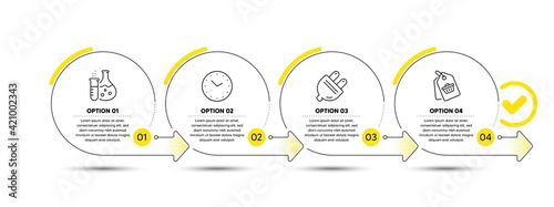 Electric plug, Chemistry flask and Time icons set. Sale tag sign. Energy, Laboratory, Clock. Shopping cart. Vector