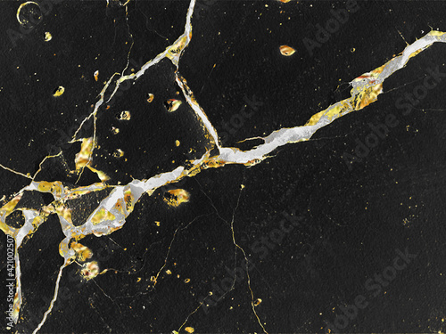 Golden kintsugi crack on black background. Abstract hand draw decorative element. Japanese style